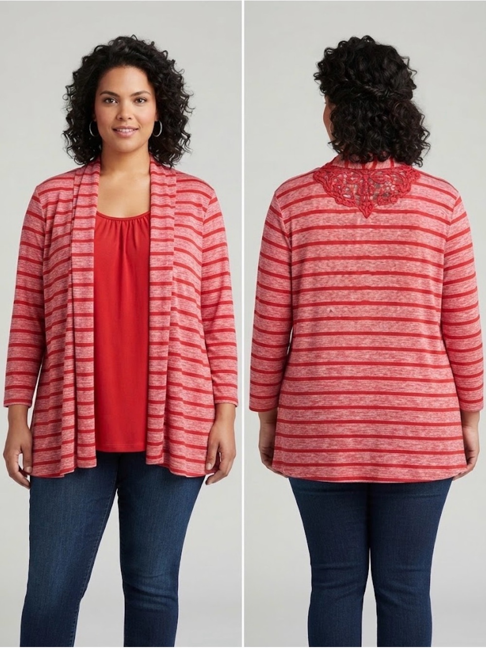White Stag Women's Plus 2X/XXL Red White Stripe Lace Back Knit Cardigan Twin Set